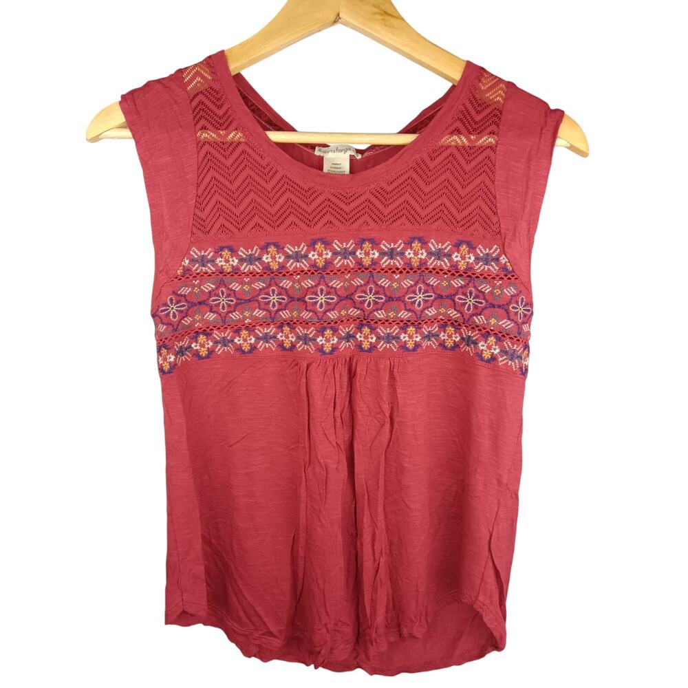 Anthropologie love on a hanger Rose Red Embroidered Crochet Yoke Tank